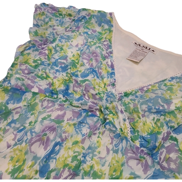 AML Women's Blue Floral V-Neck Ruffle Sleeve Top Size XL - Picture 5 of 10